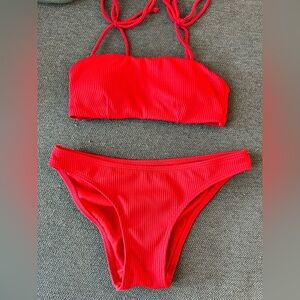 Express Red Ribbed Bandeau Bikini Set